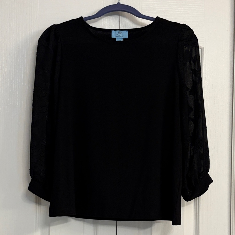 CeCe Black Blouse with Sheer Sleeves